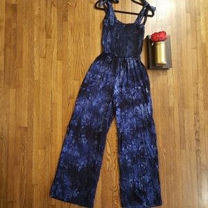 Sadie & Sage Strappy Navy Blue Tie Dye Smocked Jumpsuit